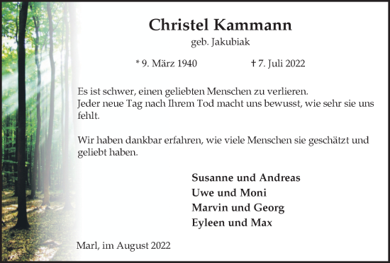 Traueranzeige von Christel Kammann von Medienhaus Bauer