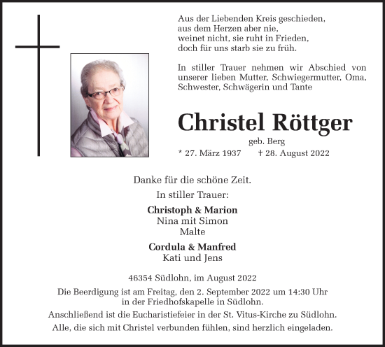 Traueranzeigen von Christel Röttger | sich-erinnern.de