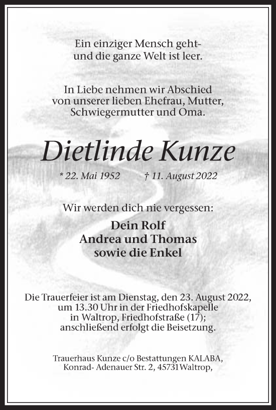 Traueranzeige von Dietlinde Kunze von Medienhaus Bauer