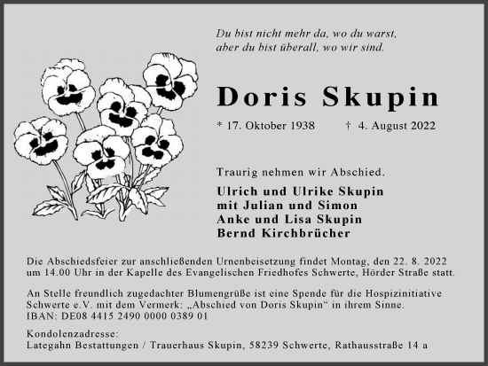 Traueranzeige von Doris Skupin von Ruhr Nachrichten