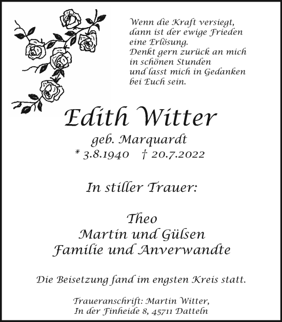 Traueranzeige von Edith Witter von Medienhaus Bauer