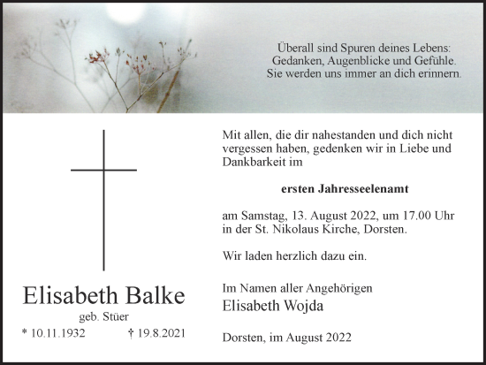 Traueranzeige von Elisabeth Balke von Ruhr Nachrichten und Dorstener Zeitung
