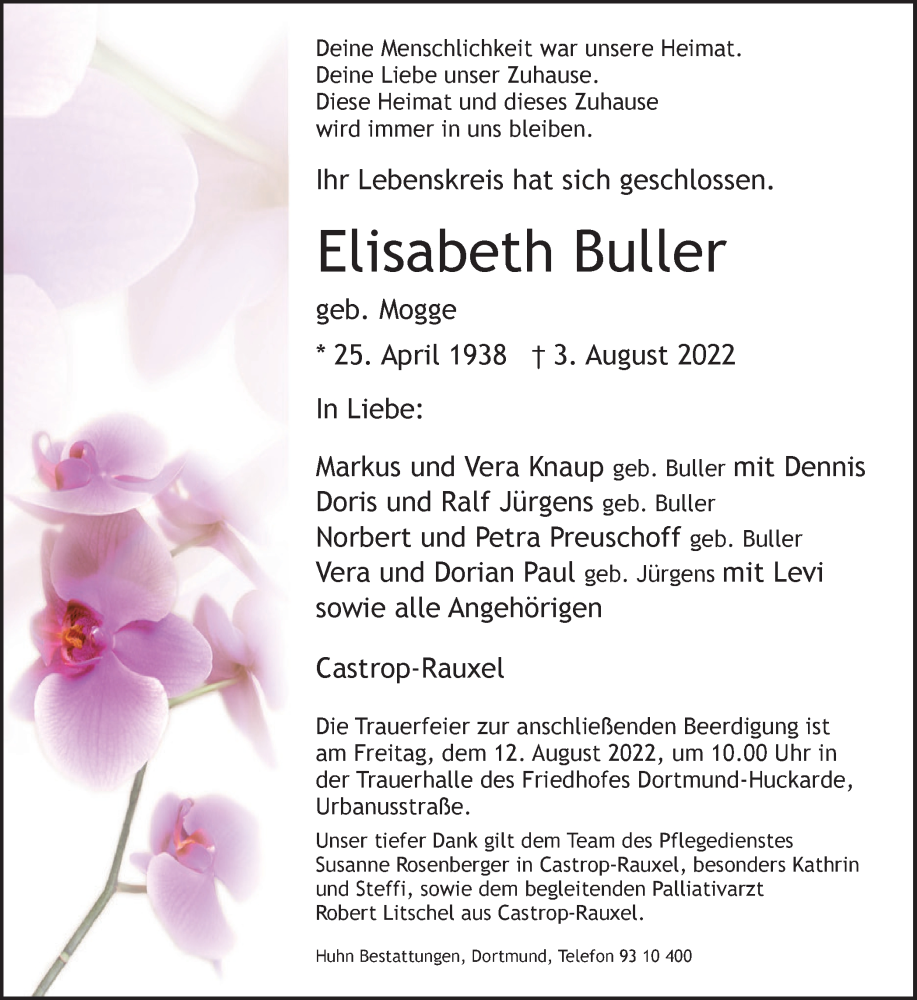  Traueranzeige für Elisabeth Buller vom 06.08.2022 aus 