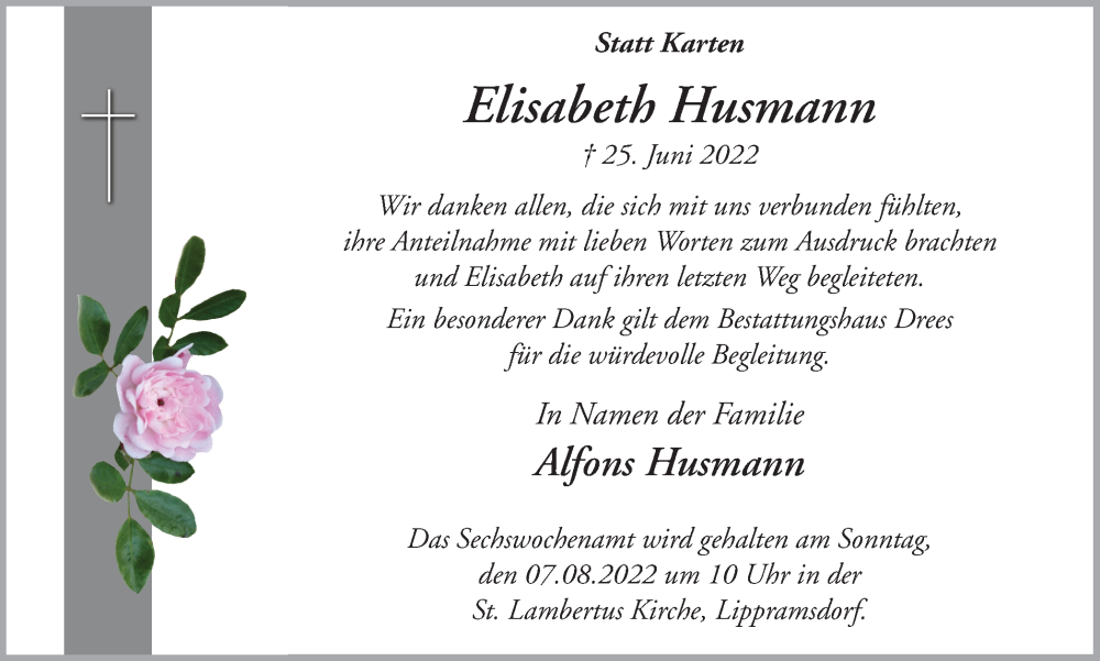  Traueranzeige für Elisabeth Husmann vom 03.08.2022 aus Ruhr Nachrichten und Halterner Zeitung