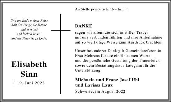 Traueranzeige von Elisabeth Sinn 