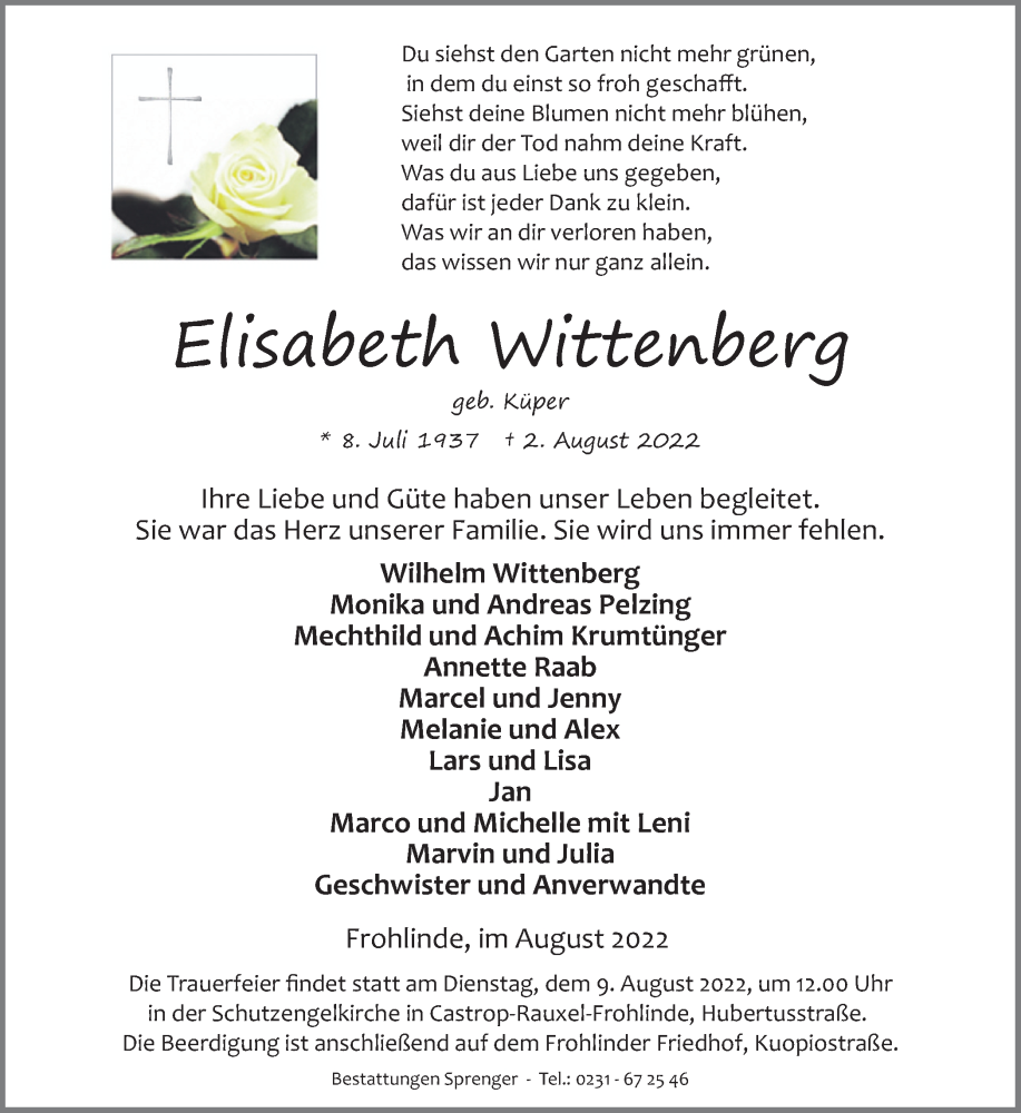  Traueranzeige für Elisabeth Wittenberg vom 05.08.2022 aus Ruhr Nachrichten