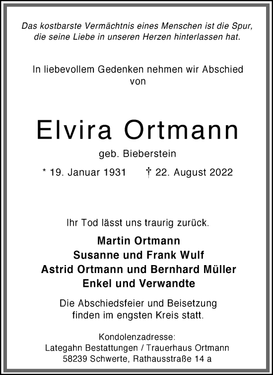 Traueranzeige von Elvira Ortmann 