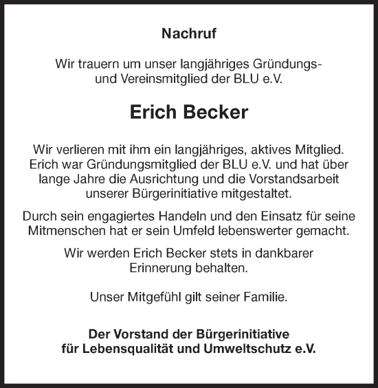 Traueranzeige von Erich Becker von Ruhr Nachrichten und Halterner Zeitung