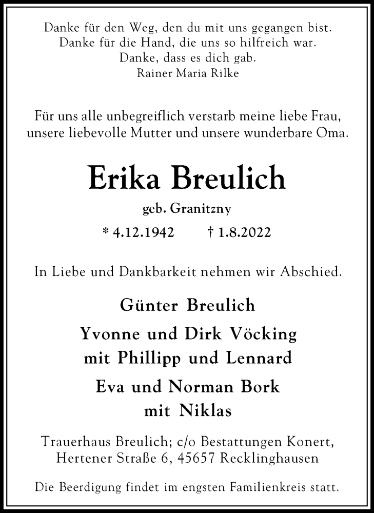  Traueranzeige für Erika Breulich vom 11.08.2022 aus Medienhaus Bauer