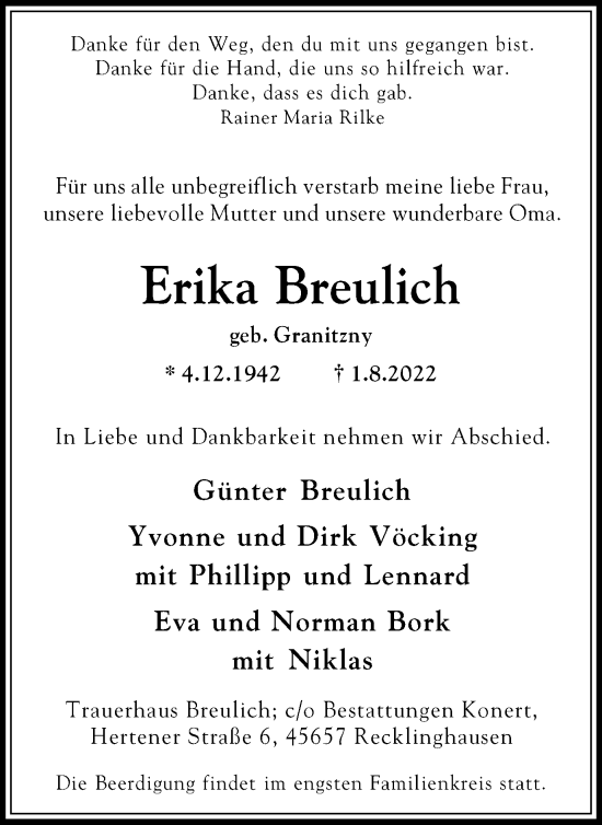 Traueranzeige von Erika Breulich von Medienhaus Bauer