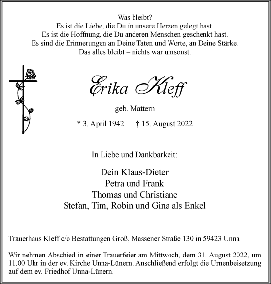 Traueranzeige von Erika Kleff von Hellweger Anzeiger