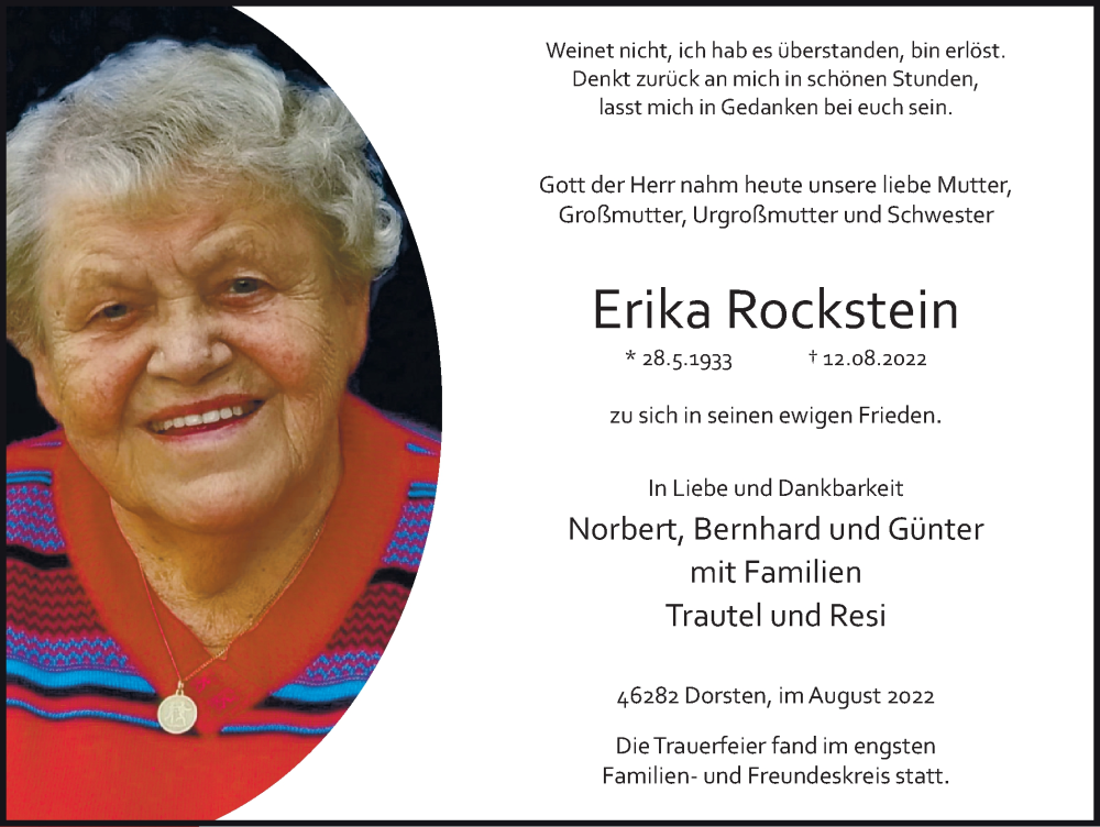  Traueranzeige für Erika Rockstein vom 20.08.2022 aus Ruhr Nachrichten und Dorstener Zeitung