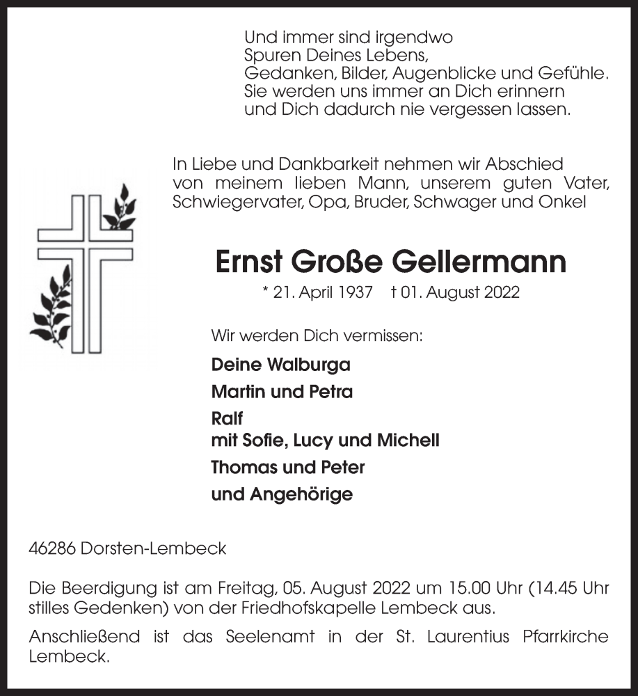  Traueranzeige für Ernst Große Gellermann vom 04.08.2022 aus Ruhr Nachrichten und Dorstener Zeitung