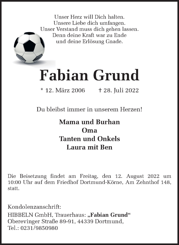  Traueranzeige für Fabian Grund vom 06.08.2022 aus 
