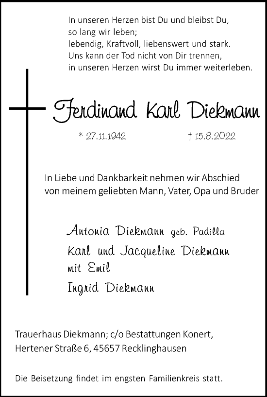 Traueranzeige von Ferdinand Karl Diekmann von Medienhaus Bauer