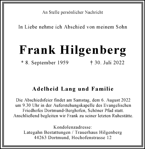 Traueranzeige von Frank Hilgenberg 