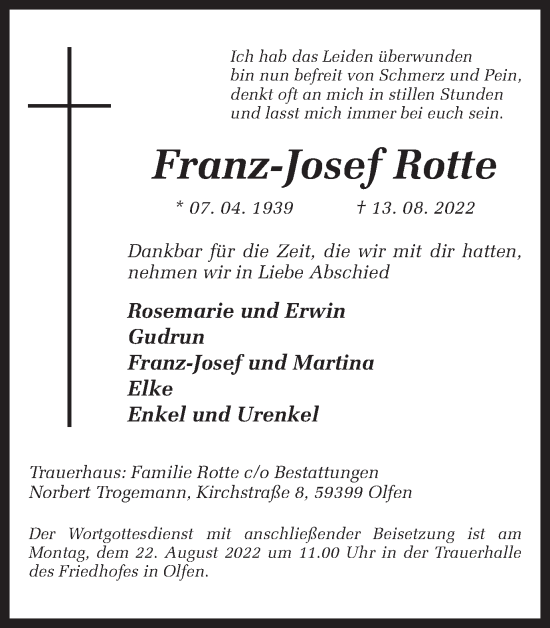 Traueranzeige von Franz-Josef Rotte von Ruhr Nachrichten
