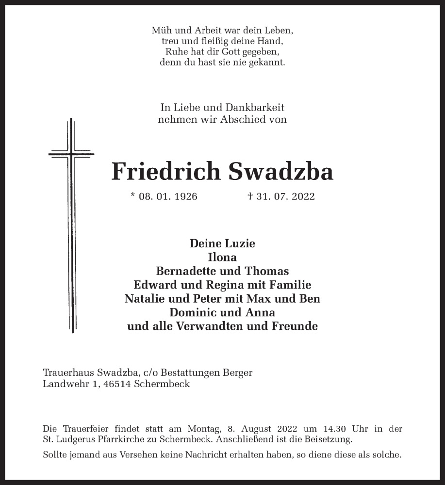  Traueranzeige für Friedrich Swadzba vom 03.08.2022 aus Ruhr Nachrichten und Dorstener Zeitung