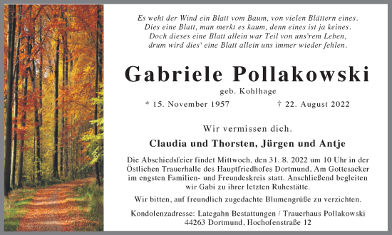 Traueranzeige von Gabriele Pollakowski 