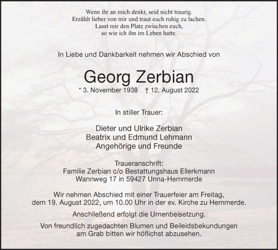 Traueranzeige von Georg Zerbian von Hellweger Anzeiger