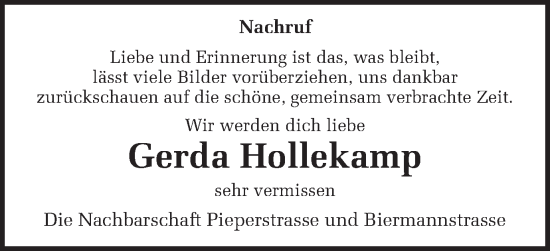 Traueranzeige von Gerda Hollekamp von Münstersche Zeitung und Münsterland Zeitung