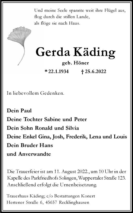 Traueranzeige von Gerda Käding von Medienhaus Bauer