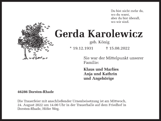 Traueranzeige von Gerda Karolewicz von Ruhr Nachrichten und Dorstener Zeitung