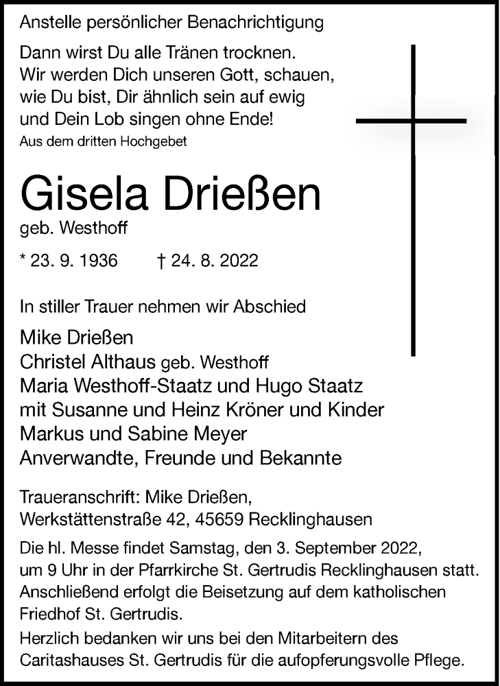  Traueranzeige für Gisela Drießen vom 31.08.2022 aus Medienhaus Bauer