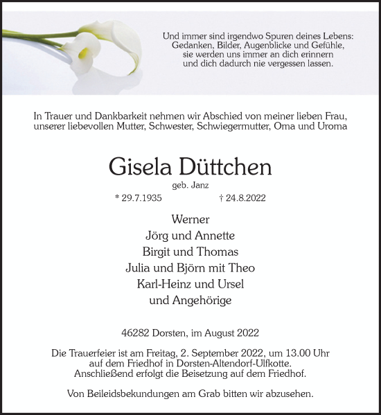 Traueranzeige von Gisela Düttchen von Ruhr Nachrichten und Dorstener Zeitung