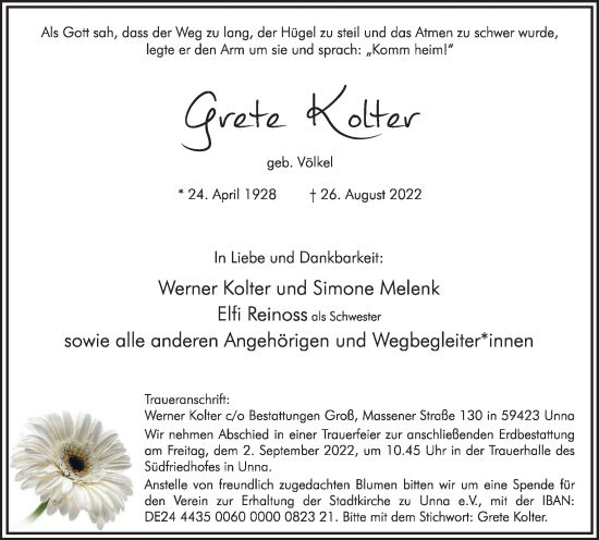 Traueranzeige von Grete Kolter von Hellweger Anzeiger