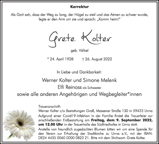 Traueranzeige von Grete Kolter von Hellweger Anzeiger