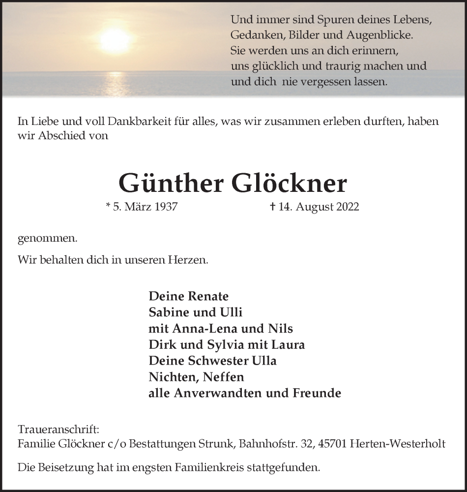 Traueranzeige für Günther Glöckner vom 26.08.2022 aus Medienhaus Bauer