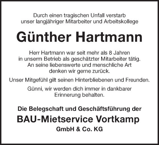 Traueranzeige von Günther Hartmann von Münstersche Zeitung und Münsterland Zeitung