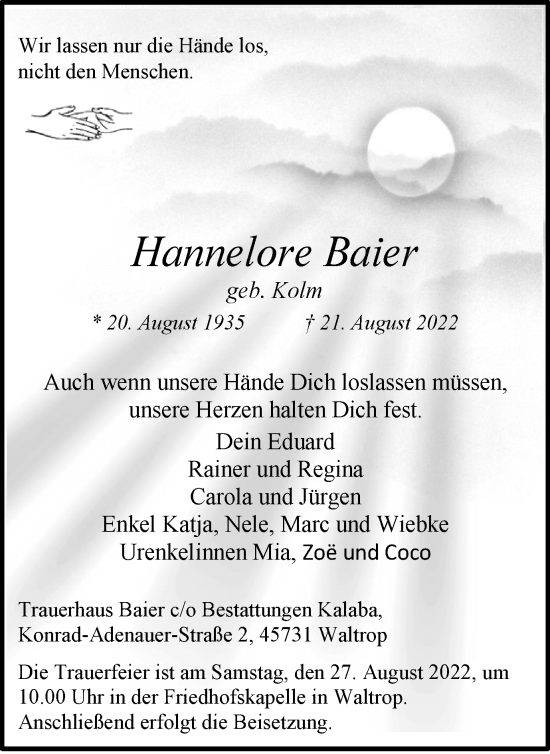 Traueranzeige von Hannelore Baier von Medienhaus Bauer