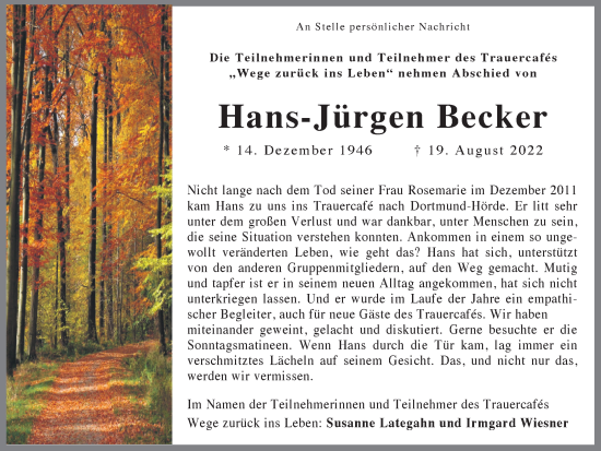 Traueranzeige von Hans-Jürgen Becker 