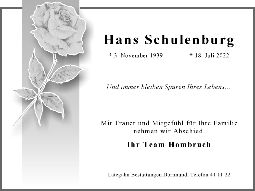  Traueranzeige für Hans Schulenburg vom 06.08.2022 aus 