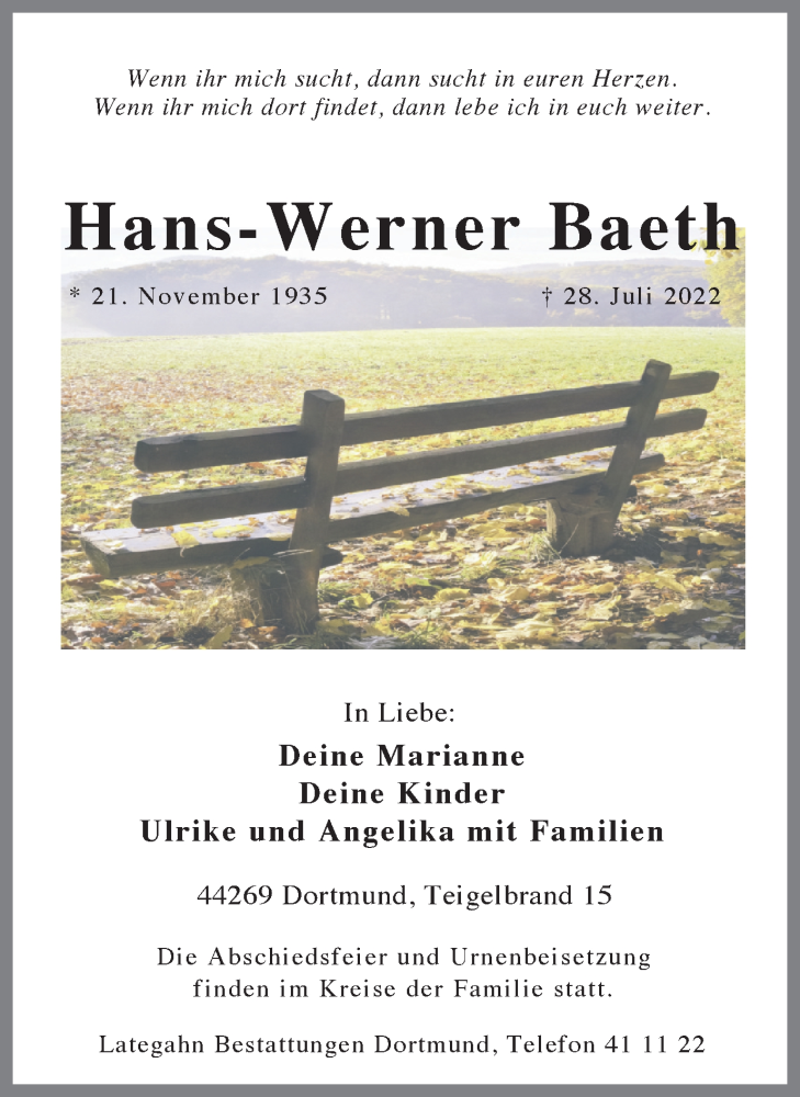  Traueranzeige für Hans-Werner Baeth vom 06.08.2022 aus 
