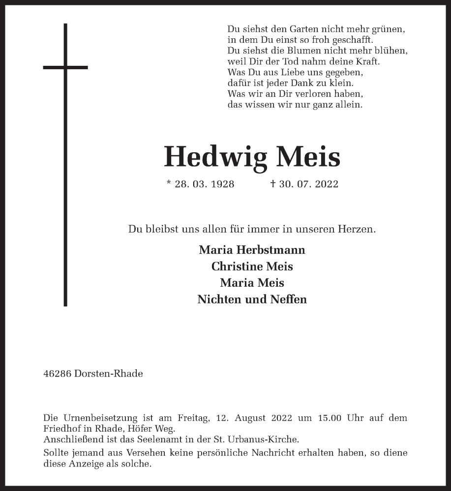  Traueranzeige für Hedwig Meis vom 06.08.2022 aus Ruhr Nachrichten und Dorstener Zeitung