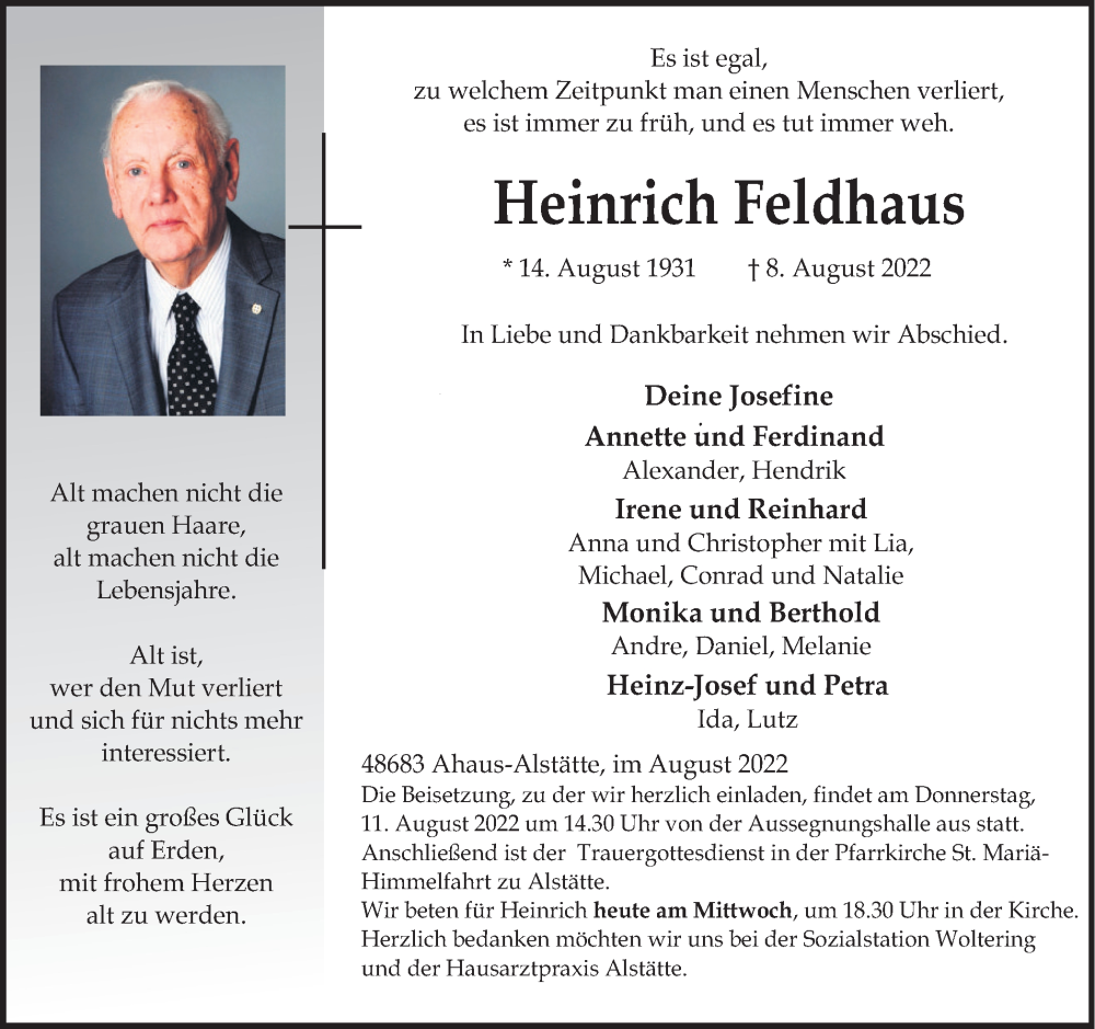  Traueranzeige für Heinrich Feldhaus vom 10.08.2022 aus Münstersche Zeitung und Münsterland Zeitung