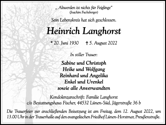 Traueranzeige von Heinrich Langhorst von Ruhr Nachrichten