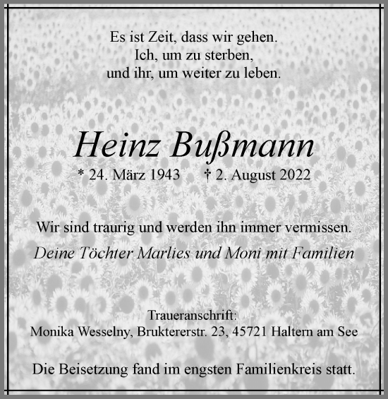 Traueranzeige von Heinz Bußmann von Ruhr Nachrichten und Halterner Zeitung