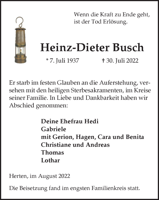 Traueranzeige von Heinz-Dieter Busch von Medienhaus Bauer