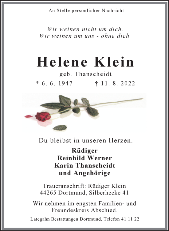 Traueranzeige von Helene Klein 