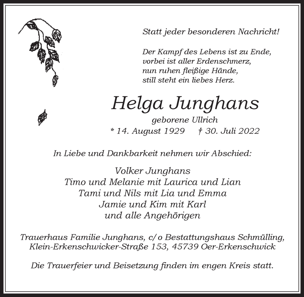 Traueranzeigen von Helga Junghans sich erinnern.de