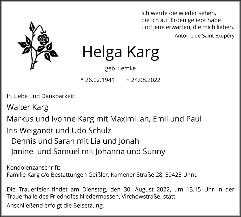  Traueranzeige für Helga Karg vom 27.08.2022 aus Hellweger Anzeiger