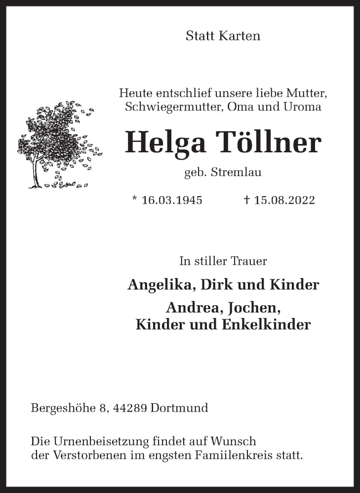  Traueranzeige für Helga Töllner vom 19.08.2022 aus 