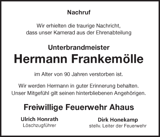 Traueranzeige von Hermann Frankemölle von Münstersche Zeitung und Münsterland Zeitung