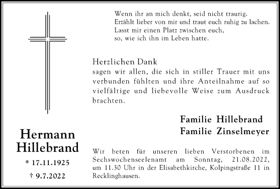 Traueranzeige von Hermann Hillebrand von Medienhaus Bauer
