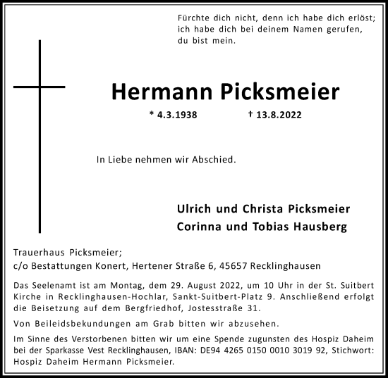 Traueranzeige von Hermann Picksmeier von Medienhaus Bauer