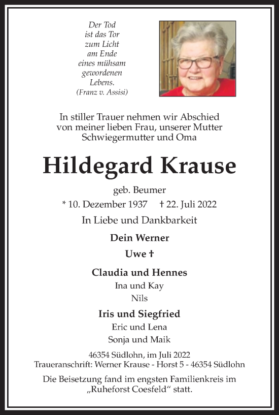 Traueranzeigen Von Hildegard Krause Sich Erinnern De